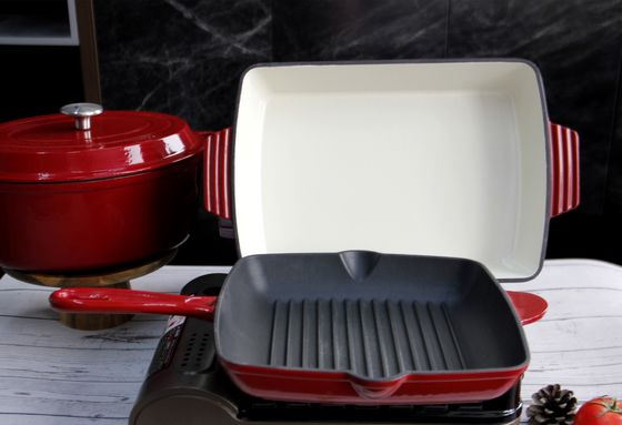 El palillo esmaltado rojo de la cacerola 10inch de la sartén del arrabio no fríe a Pan With Ridge