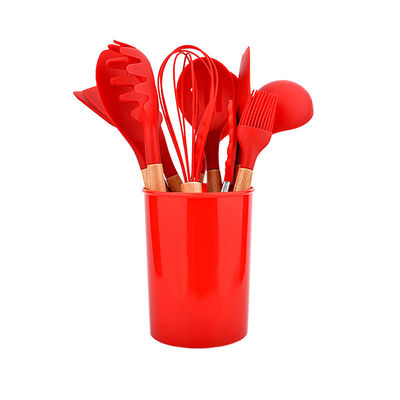 Enamel rojo de hierro fundido cacerola superficial con set de cubiertos de silicona