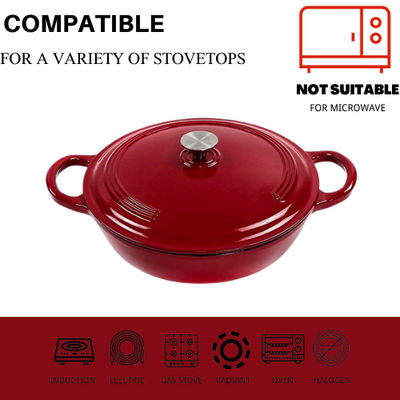 Enamel rojo de hierro fundido cacerola superficial con set de cubiertos de silicona