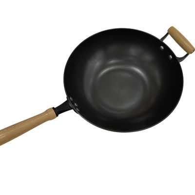 Manija de madera resistente de Pan Chinese Wok Pan With del arrabio de 14 pulgadas y tapa de cristal