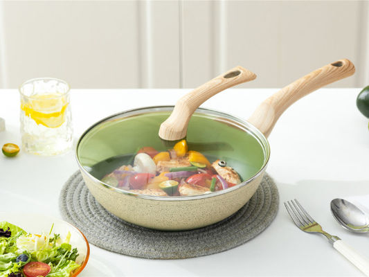 13Inch wok de aluminio chino capa de Pan With Tempered Glass Lid y no del palillo