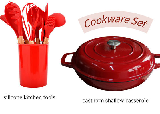 Enamel rojo de hierro fundido cacerola superficial con set de cubiertos de silicona