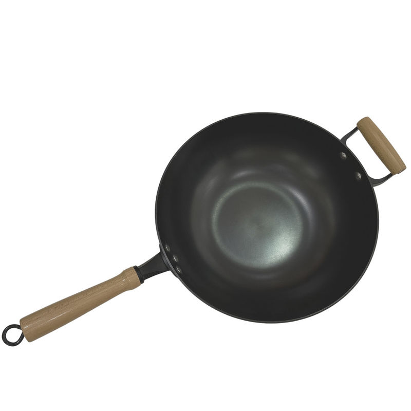 Manija de madera resistente de Pan Chinese Wok Pan With del arrabio de 14 pulgadas y tapa de cristal