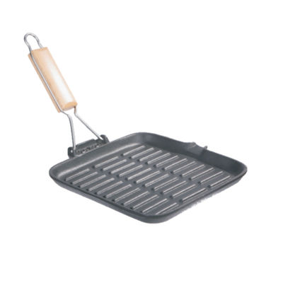 La parrilla del arrabio del cuadrado asa a la plancha la parrilla plana pre sazonada de la sartén del hierro con la manija plegable